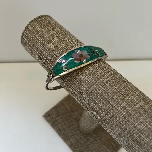 Taxco México Beautiful Vintage Flower Inlay Bracelet - Picture 6 of 7